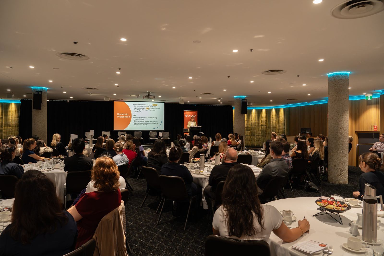 A full room of guests at round tables