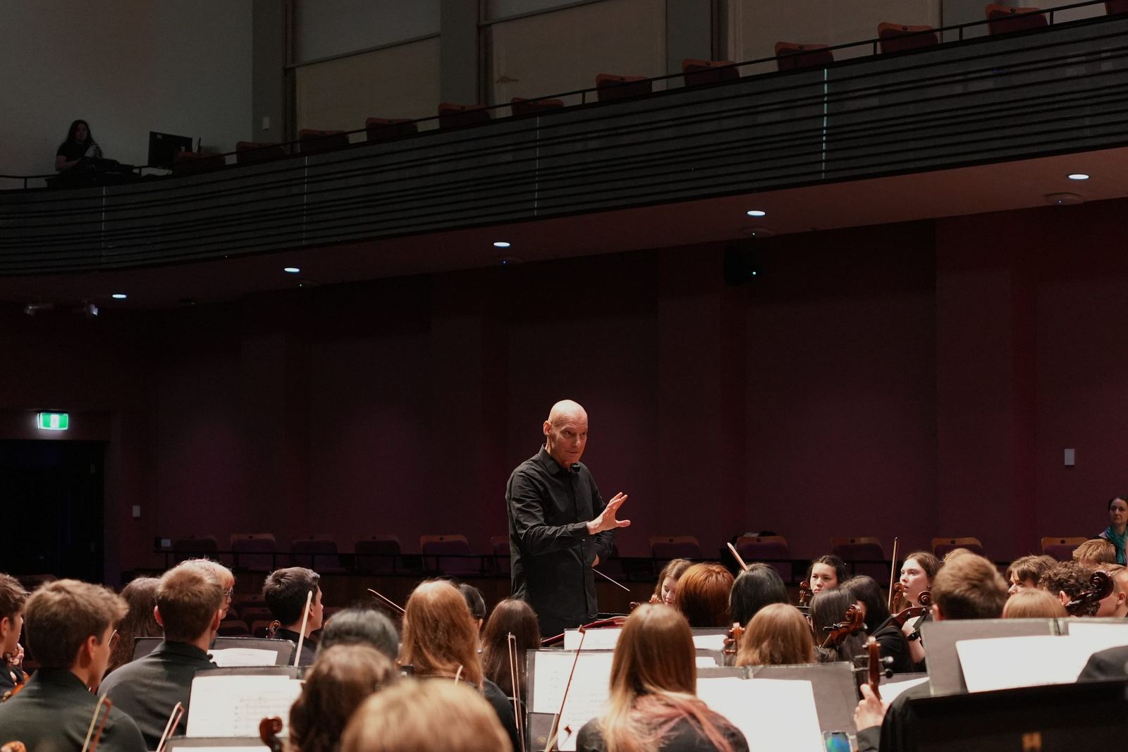 Conductor addressing the orchestra during rehearsal