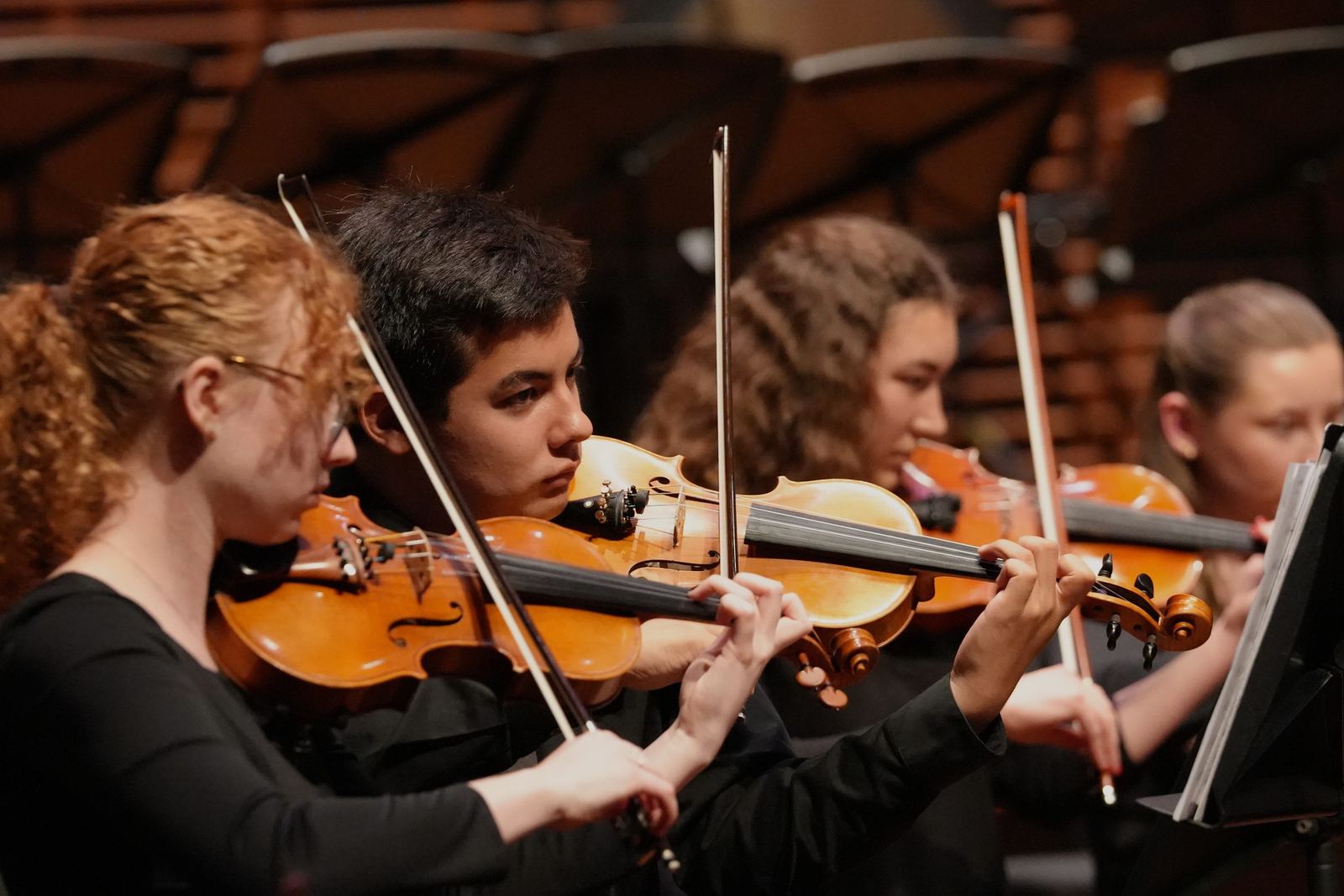 Violin section playing, close up