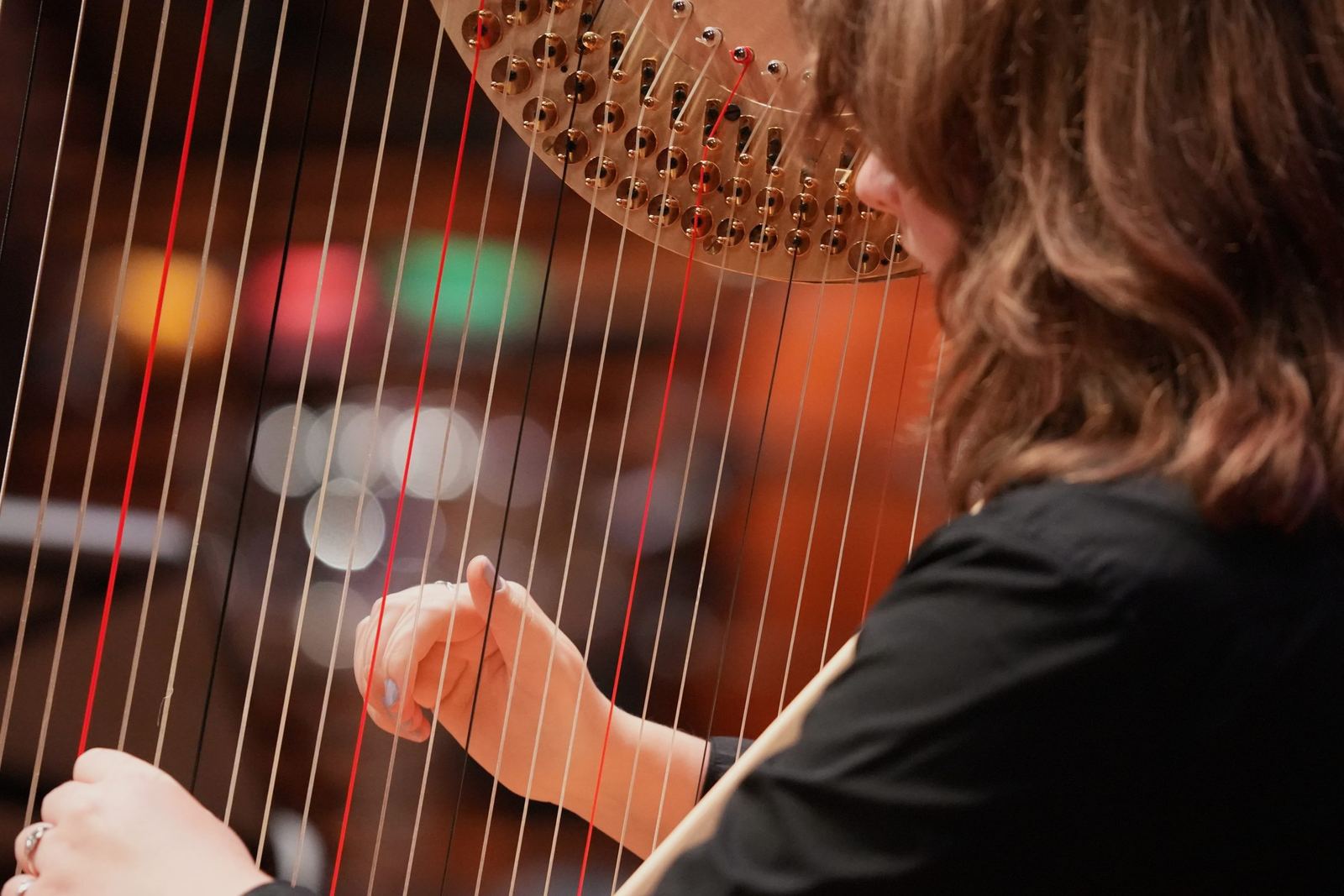 Harpist playing in shallow focus