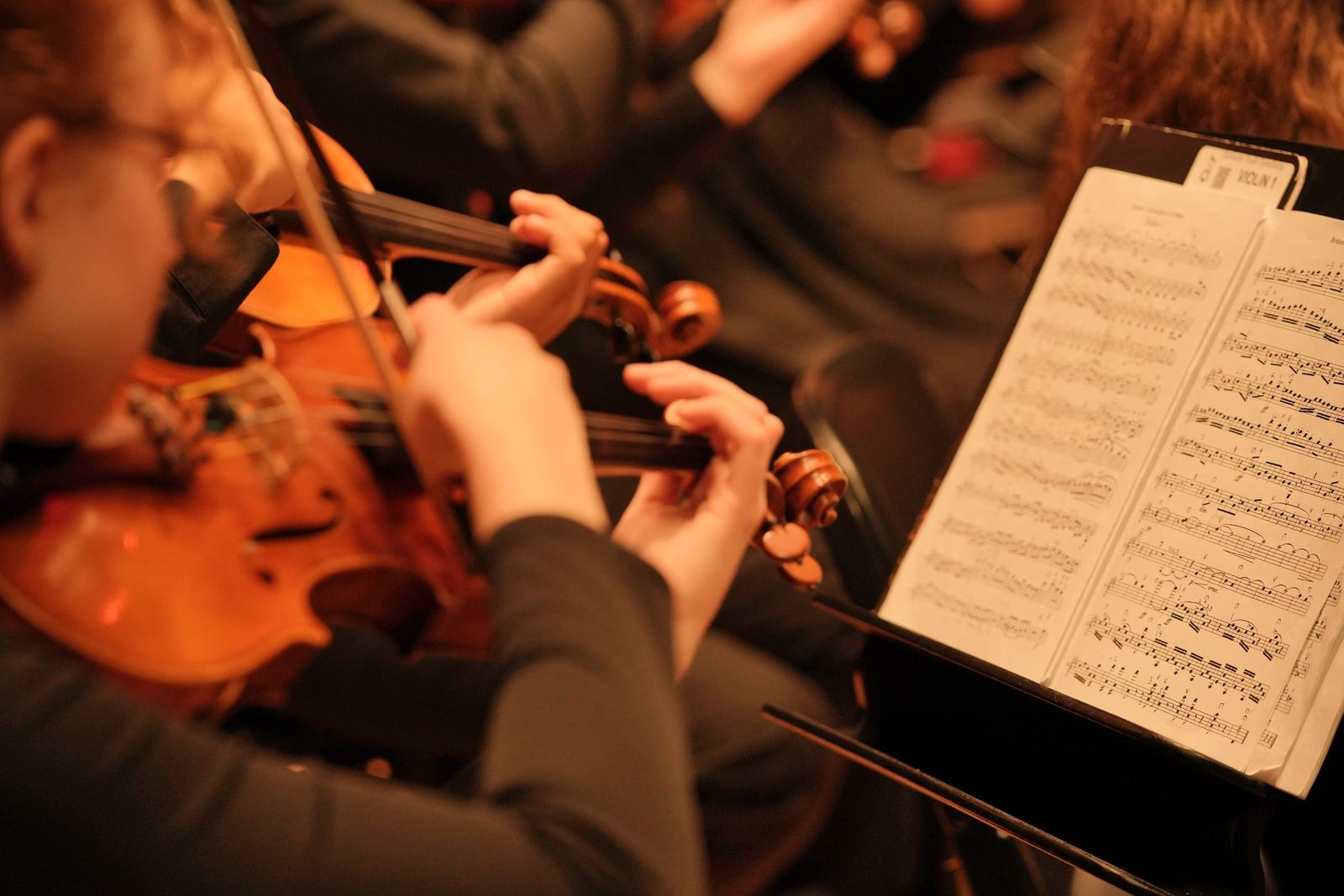 Violinist reading the score, close up