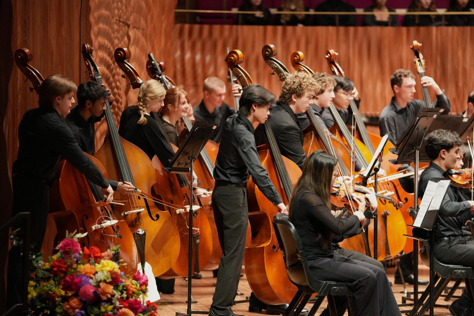 Double basses raised on stage behind the flowers