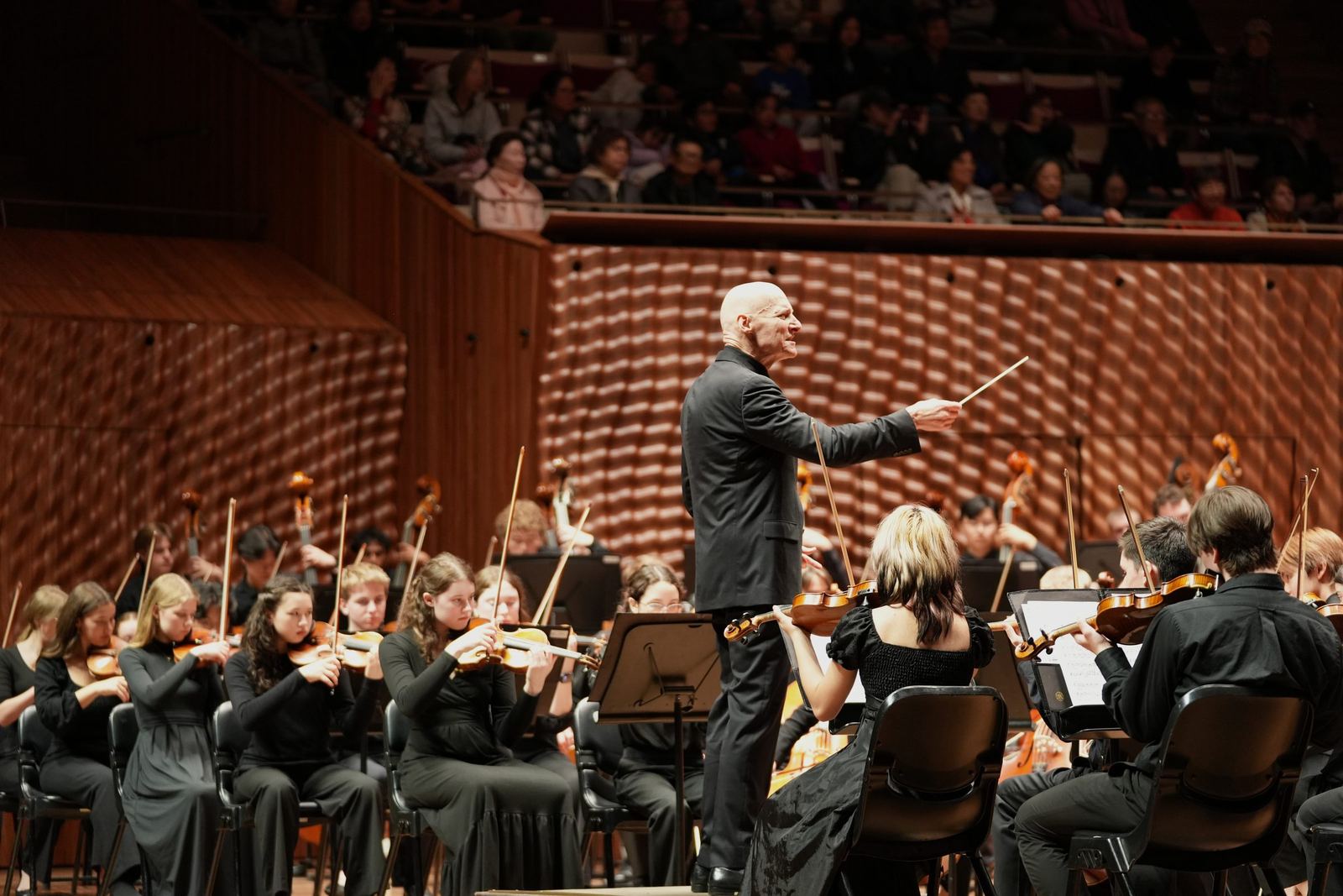 Conductor with baton raised over the strings